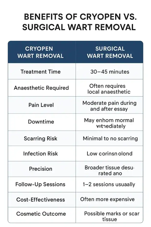 Table showing the benefits of cryopen to remove warts Elstree compared to surgical treatment